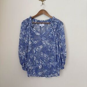 Gilner Farrar Smocked Ellie Floral Balloon Sleeve Blouse XS Blue
